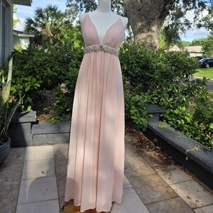 Blush Romantic Chiffon Gown w/ Pearl Waist | Soft Glam Bridal Formal Dress Sz 10